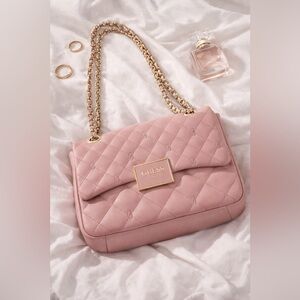 Guess Quilted Pink Shoulder Bag Gold Chain Strap Logo Crossbody Purse